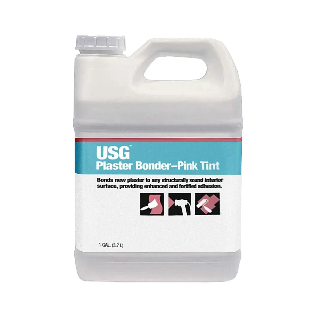 The image displays a 1-gallon jug of Go Builds Plaster Bonder Pink Tint, ideal for enhancing plaster adhesion. The blue and white label highlights its use in bonding new or gypsum plaster to structures. It includes a handy handle and spout for easy pouring.